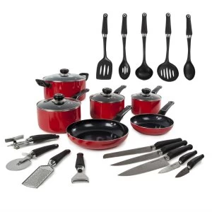 Image of Morphy Richards 6 Piece Non-Stick Pan Set with 5 Knives and 4 Tools - Red