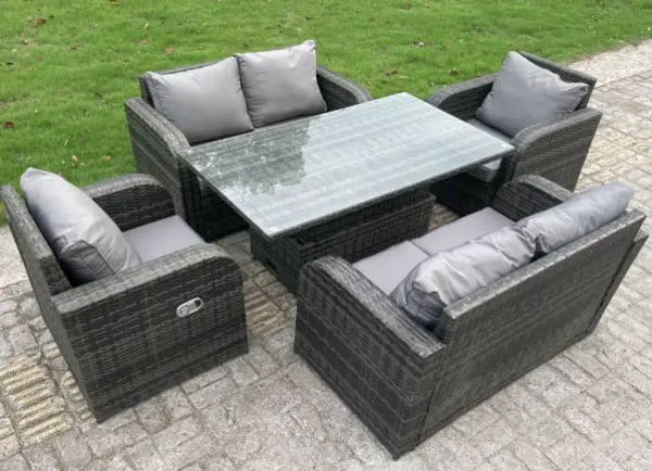 Image of Fimous 6 Seater Outdoor Dark Grey Rattan Lounge Complete Sofa Set with Adjustable Dining Table and Reclining Chairs