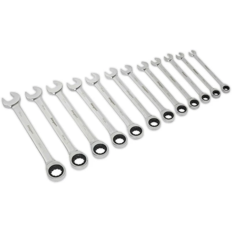 Image of Loops 12pc Slim Handle Ratchet Combination Spanner Set 12 Point Metric Ring Open Head Multi