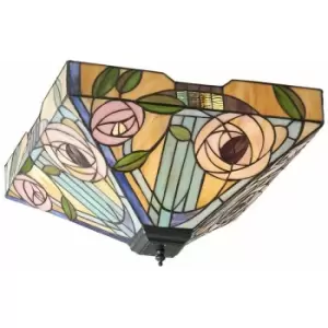 Image of Tiffany Glass Semi Flush Ceiling Light Pink Rose Inverted Square Shade i00062