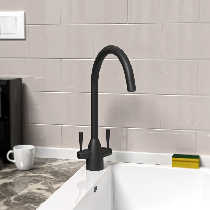Image of Nes Home Matt Black Modern Kitchen Sink Swivel Mixer Tap Dual Lever Black Unisex