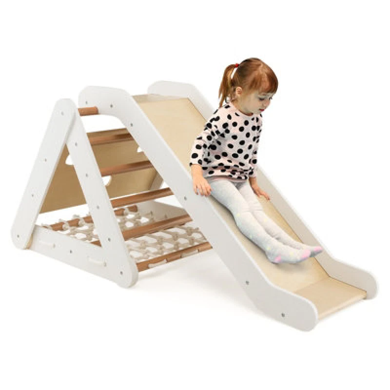 Image of Costway 4-In-1 Triangle Climbing Set Wooden Toddler Climber With Ramp Sliding Board
