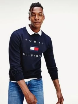 Image of Tommy Hilfiger Tommy Flag Hilfiger Sweatshirt - Navy, Size XS, Men