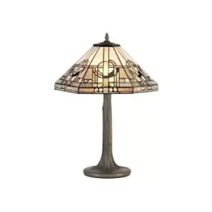 Image of Luminosa Lighting - 2 Light Tree Like Table Lamp E27 With 40cm Tiffany Shade, White, Grey, Black, Clear Crystal, Aged Antique Brass