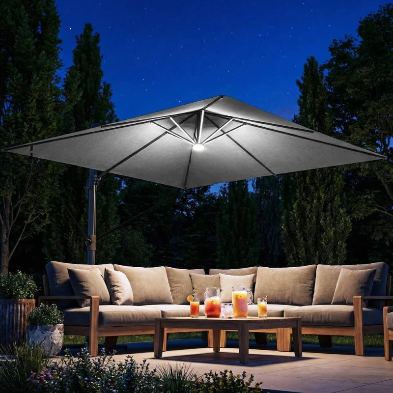 Image of OUTSUNNY 3 x 3m Garden Cantilever Parasol w/ Light, Cover, Wind Protection in Light Grey Size: 3m x 3m Light Grey Unisex 3m x 3m