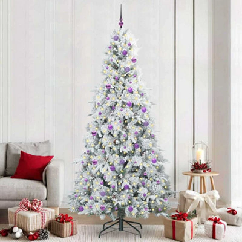 Image of vidaXL Artificial Hinged Christmas Tree with Lilac Balls Snow Flocked Green 240cm PE and PVC, Green 3397516