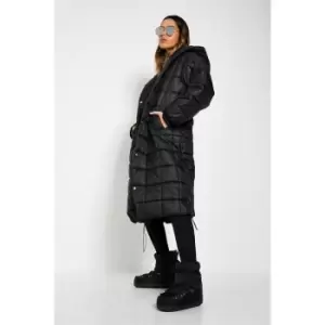 Image of I Saw It First Square Quilted Hooded Padded Coat - Black