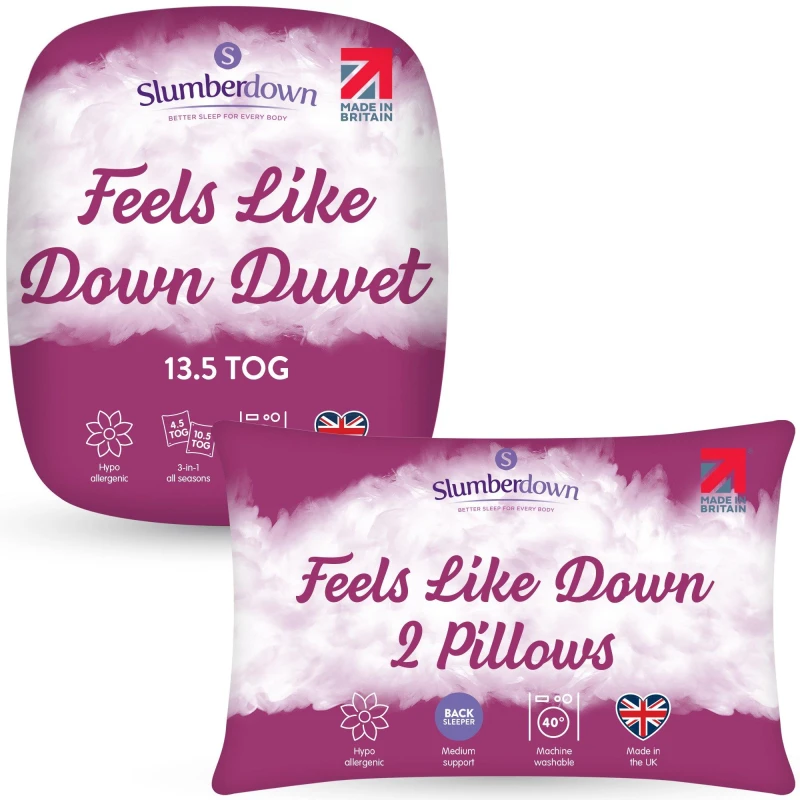 Image of Slumberdown Feels Like Down 13.5 Tog Duvet + 2 Pillows - White White Double