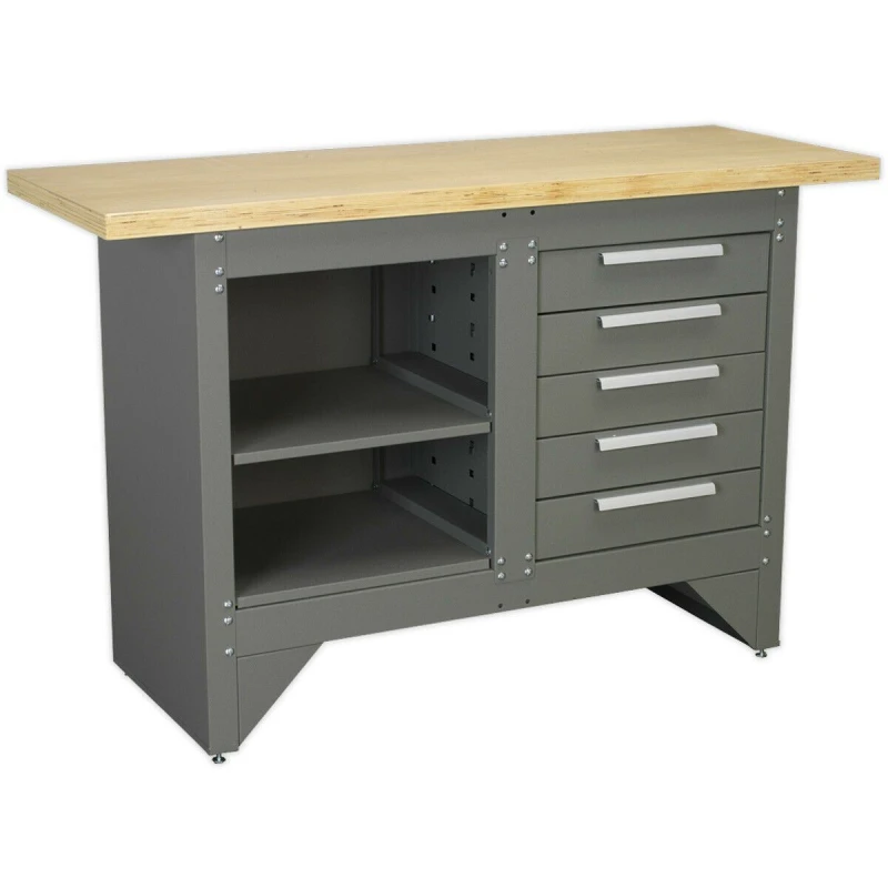 Image of Loops Heavy Duty Steel Workbench - Shelf & 5 Draw Storage - Wooden Work Top Station Metallics