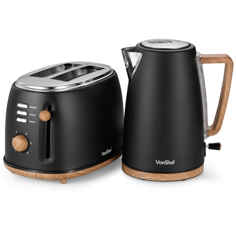 Image of VonShef Scandi 1.7L Rapid Boil Kettle 3000W & 2 Slice Wide Slot Toaster 850W Kettle and Toaster Set Black