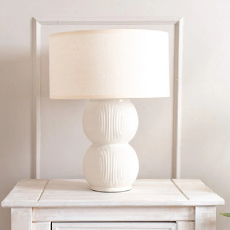 Image of ValueLights ValueLights Gemma Linen with Trim Drum Lamp Shade Stacked Ribbed Glazed Table Lamp in Cream Cream One Size Unisex 5016529271611