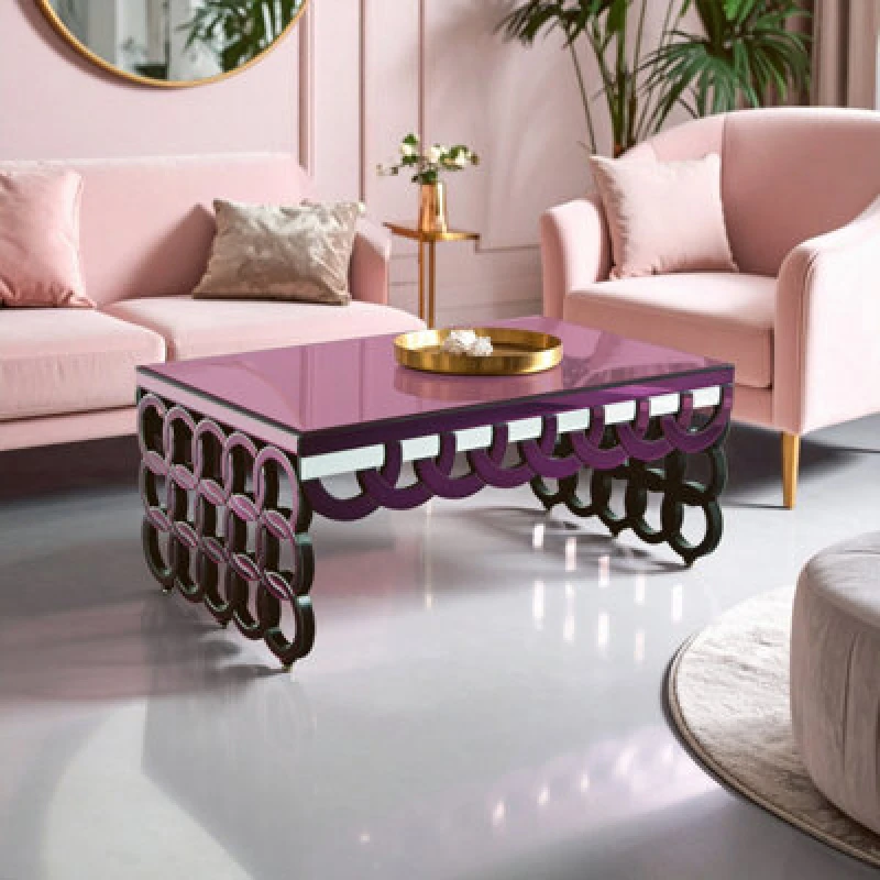 Image of Premier Housewares Interiors by Premier Wooden Coffee Table, Mirrored Glass Top Wooden Coffee Table, Large Modern Coffee Table For Living Room Purple