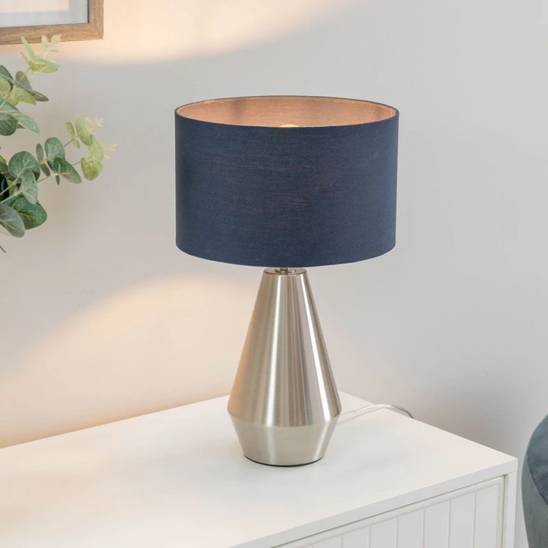 Image of ValueLights Jax Brushed Chrome Dimmable Touch Table Lamp with Fabric Drum Shade Navy
