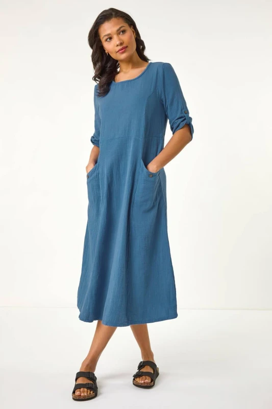 Image of Roman Womens Textured A-Line Midi Dress in Blue Size: 18 Blue Female 18