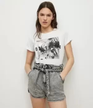 Image of AllSaints Womens Womens Cotton Floral Regular Fit Lena Anna T-Shirt, White and Black, Size: 16, White/Black