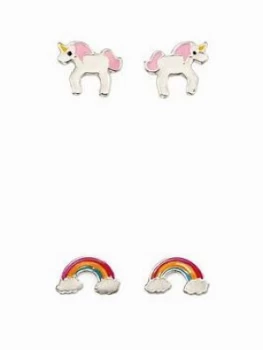 Image of The Love Silver Collection Sterling Silver Childrens 2 Pack Unicorn and Rainbow Stud Earrings, Multi, Women