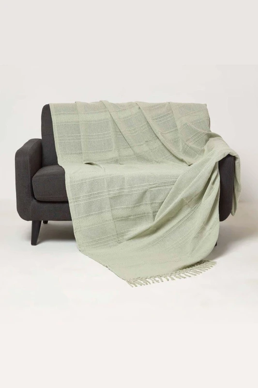 Image of HOMESCAPES Kashi Sage Green Cotton Throw with Tassels 255 x 360cm - Homescapes SF2265C