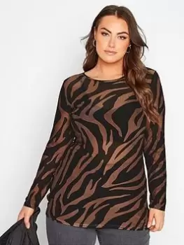 Image of Yours Long Sleeve Mesh Zebra Print Top - Black/Brown, Brown, Size 22-24, Women