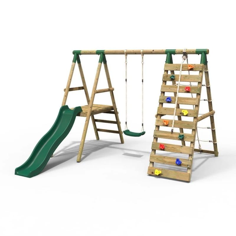 Image of Rebo Wooden Swing Set with Up and Over Climbing Wall and Slide - Amber Green Green