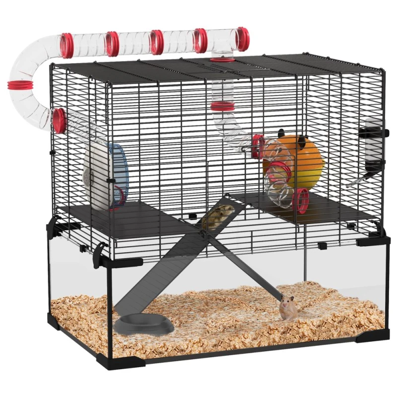 Image of PawHut Hamster Cage w/ Tubes, Ramps, Platforms, Hut, 60 x 40 x 57cm, Black D51-417V00BK