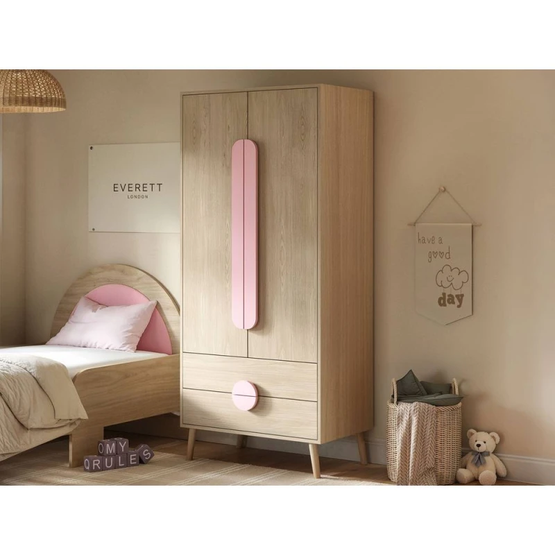 Image of Flair Noah 2 Door Wardrobe with 2 Drawers Oak in Pink Pink Unisex
