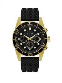 Image of Bulova Black And Gold Chronograph Dial Black Silicone Strap Mens Watch