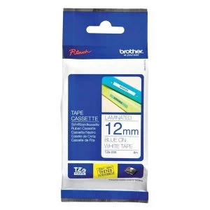 Image of Brother P-touch TZe-233 12mm x 8m Blue on White Laminated Labelling Tape