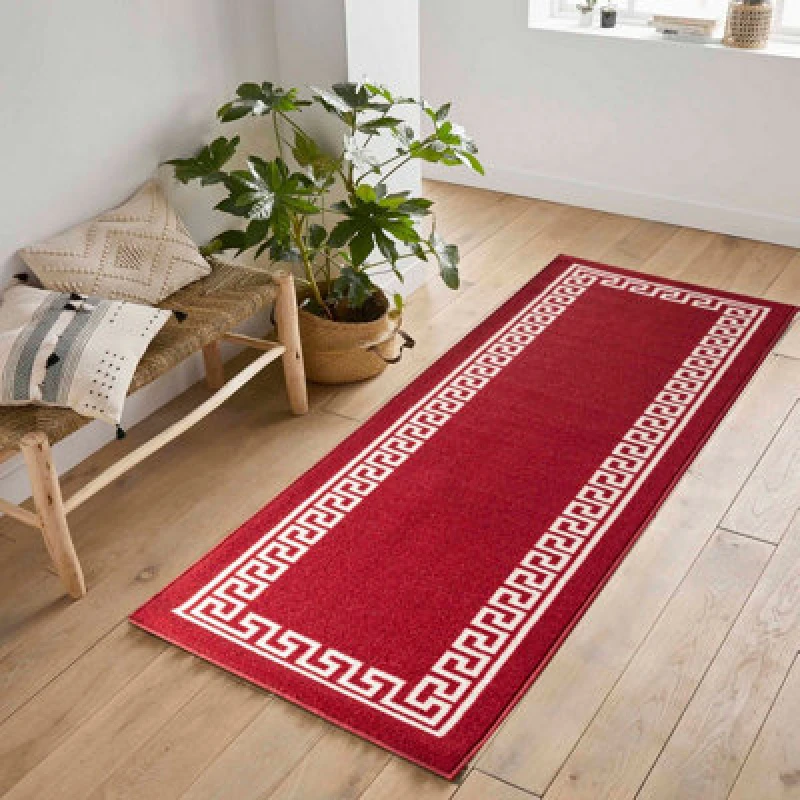 Image of Machine Washable Greek Key Design Anti Slip Doormats Red White 67X220 Cm