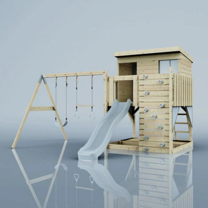 Image of Polarplay Garden Climbing Platform And Playhouse With Double Swing For Kids - Nils With Trapeze Ice Blue