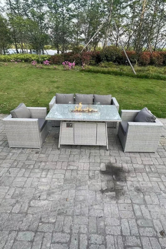 Image of Fimous Rattan Gas Fire Pit Garden Furniture Dining Table Set Heater Burner Chairs Lounge Sofa Set Light Grey