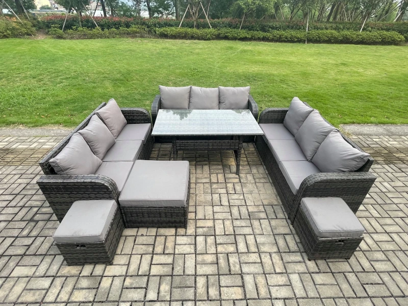 Image of Fimous Patio Rattan Garden Furniture Set with Oblong Rectangular Dining Table 3 Footstools 12 Seater Outdoor Lounge Sofa Set Dark Grey Mixed Dark Grey
