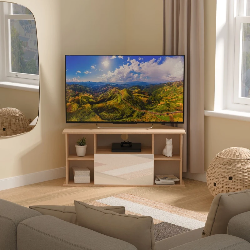 Image of Welcome Furniture Ltd Milan Corner TV Unit in White Gloss & Bardolino Oak - Ready Assembled, White MIL209WGBO