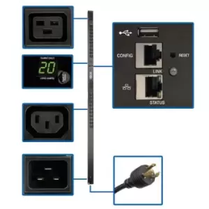 Image of Tripp Lite PDUMNV20HVLX 3.7kW Single-Phase 208/230V Monitored PDU - LX Platform 20 C13 4 C19 Outlets C20 Input with L6-20P Adapter 0U 1778mm Height TA