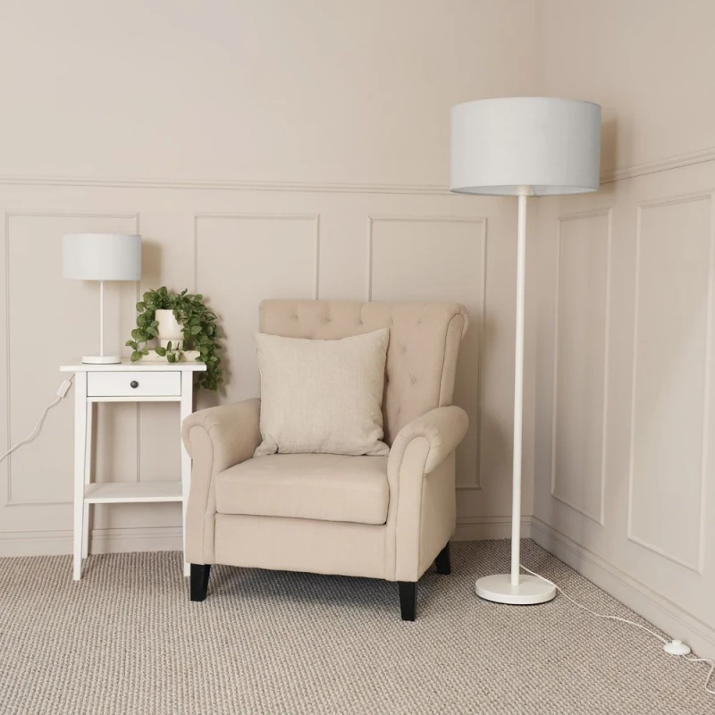 Image of ValueLights Charlie White Metal Single Stem Floor Lamp with Fabric Drum Lamp Shade Grey