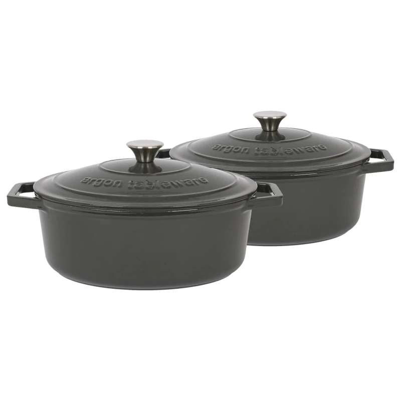 Image of Argon Tableware 2x Oval Cast Iron Casserole Dishes with Self Basting Lid - 4.68L in Grey Grey Unisex