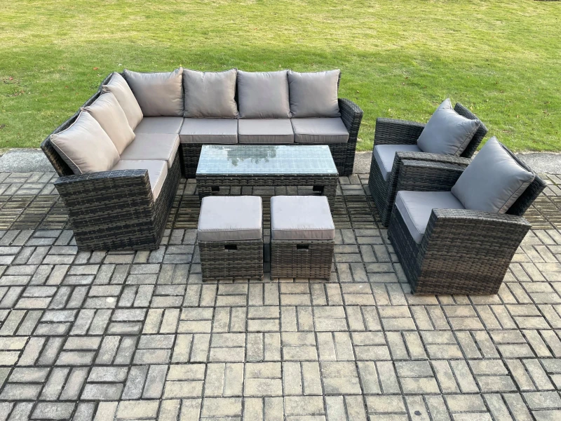 Image of Fimous 10 Seat Rattan Garden Furniture Corner Sofa Set Outdoor Patio Sofa Chair Table Set with 2 Small Footstools Dark Grey Dark Grey Unisex