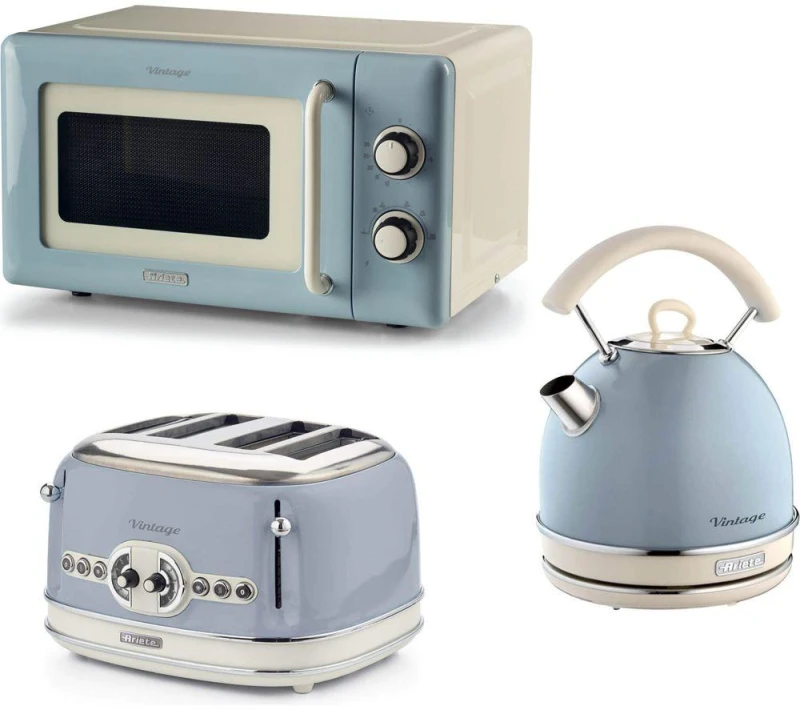 Image of ARIETE Vintage ARPK69 Microwave, Traditional Kettle & 4-Slice Toaster Bundle - Blue 5016368010334