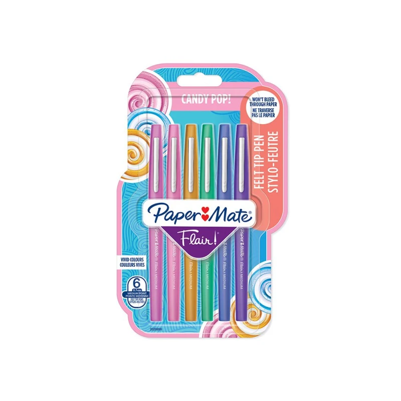 Image of Paper Mate 2028899 6 Pack Assorted colours Flair Candy Pop Felt Pens Box of 12 packs