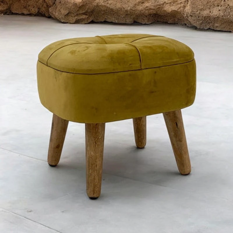Image of Minster Stool - Wood/velvet - L30 X W30 X H34cm - Yellow