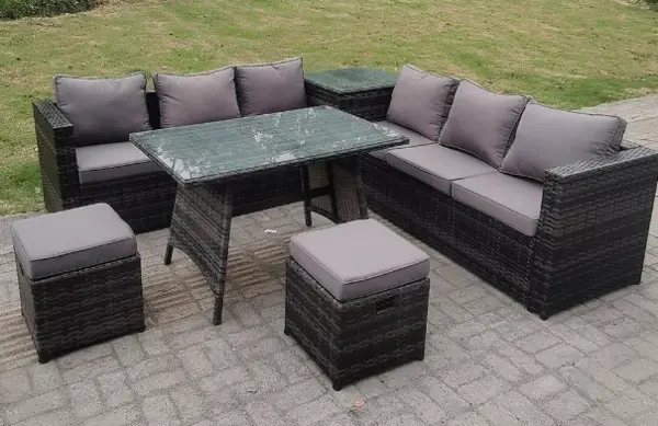 Image of Fimous 6 Seater Outdoor Dark Grey Rattan Lounge Sofa Complete Set with Dining Table, and 2 Stools