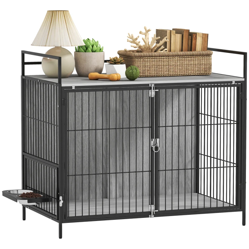 Image of PawHut Dog Crate Furniture with Rotating Bowl Holder for Large Dogs, Grey D02-233V01GY