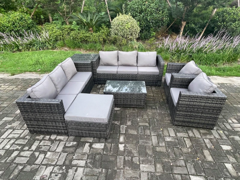 Image of Fimous 9 Seater Outdoor Lounge Sofa Set Wicker PE Rattan Garden Furniture Set with 2 Armchair Oblong Coffee Table Side Table Big Footstool Dark Grey