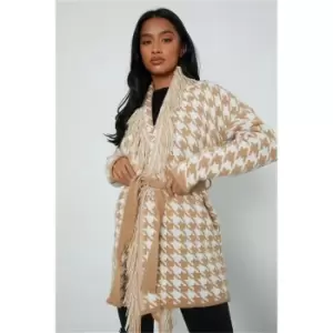 Image of I Saw It First Stone Petite Dogtooth Jacquard Knitted Cardigan - Brown