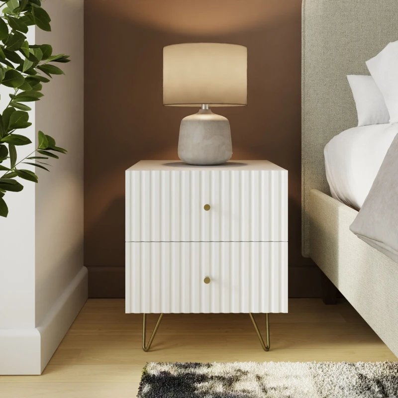 Image of GFW Thalia White Ribbed 2 Drawer Bedside Table