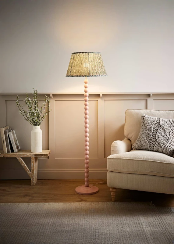 Image of ValueLights ValueLights Bobbin Bobbles Floor Lamp with Floral Pleated Tapered Lamp Shade in Pale Pink Pale Pink One Size Unisex 5059406067785