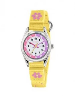 Image of Tikkers Tikkers White And Pink Time Teller Dial Yellow Fabric Velcro Strap Kids Watch
