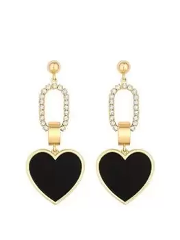 Image of Mood Mood Gold Black Enamel And Crystal Heart Link Drop Earrings, Black, Women