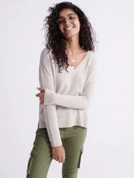 Image of Superdry Edit V Neck Premium Knit - Oatmeal, Size 8, Women