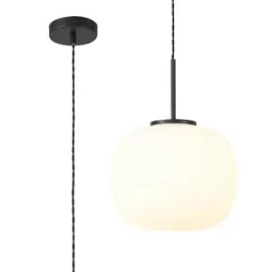 Image of Cheektowaga Medium Oval Ball Ceiling Pendant E27 Matt Black Suspension With Frosted White Glass Globe