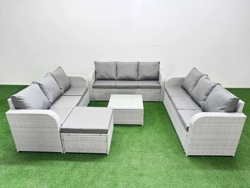 Image of Fimous PE Rattan Lounge Sofa Set 10 Seater Outdoor Garden Furniture Set with Square Coffee Table 3 Seater Sofa Big Footstool Light Grey Light Grey
